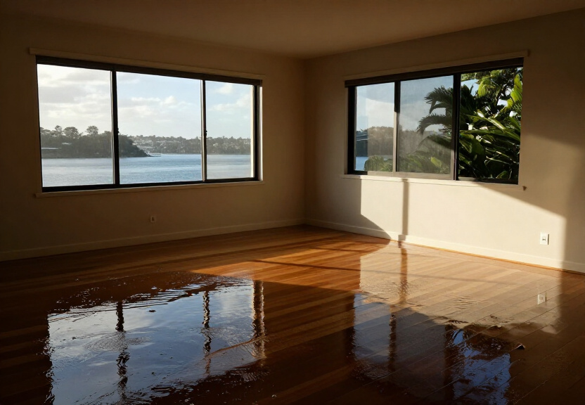 Flood-damaged office in Parliament House before restoration